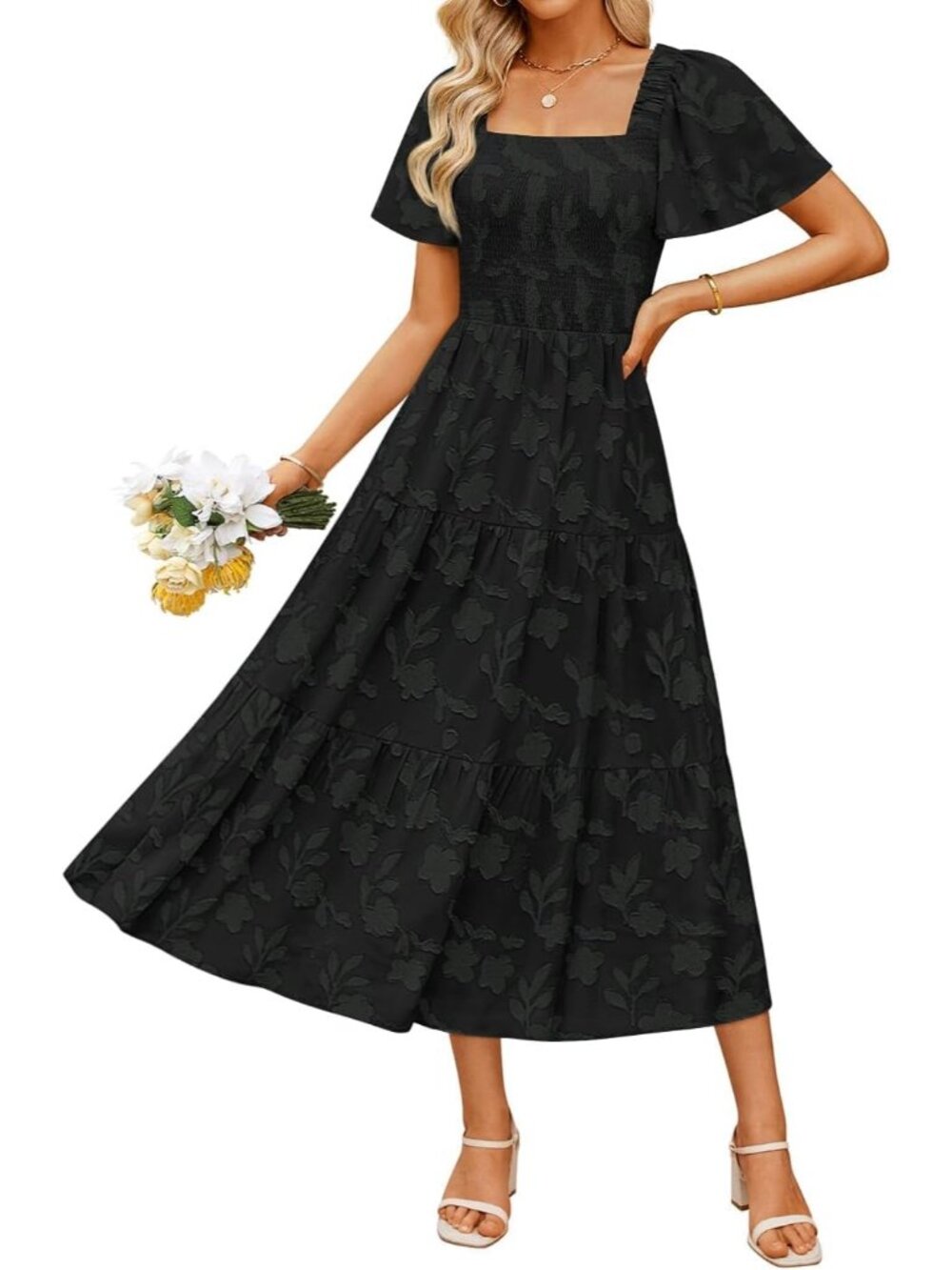 Women's Black 2026 Summer Casual Boho Short Sleeve Wedding Guest Midi Dresses